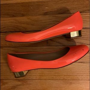 J. Crew neon orange with metallic gold block heel